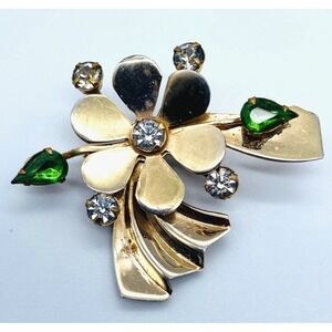 Green Clear Rhinestone Gold Tone Brooch 2 inch Unmarked Brooch Vintage